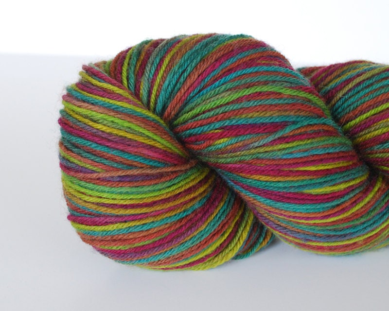 superwash, merino / nylon, fingering, plum, teal, chartreuse, and chocolate brown