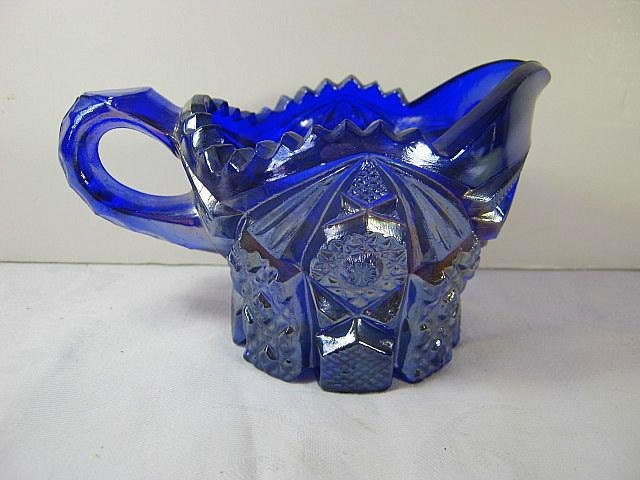 SALE Vintage Cobalt Blue Carnival Glass Creamer Coffee Pitcher Ornate Heavy