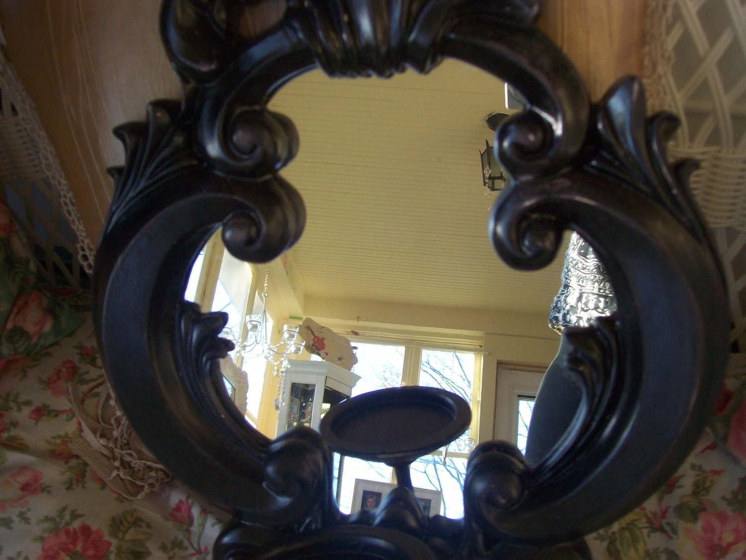 French Country decorative boudoir, baroque wall decor Black ornate mirror with candle holder sconce