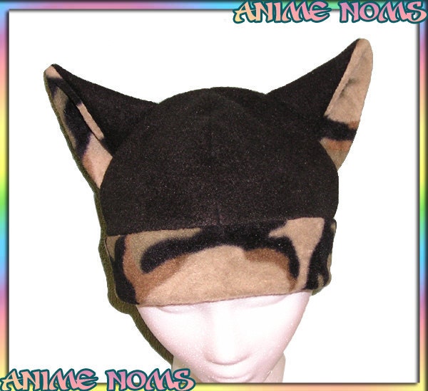 Camo Kitty Hat - Antipill Fleece Anime Cosplay Neko Cat Ears Kawaii Cute Warm Black Brown Earthy Beanie Adult Teen Child Sizes Handmade