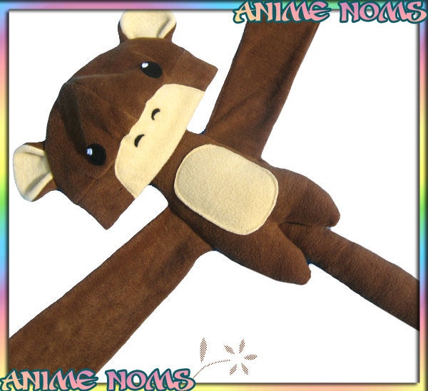 Monkey Noms Plushie Hat - Fleece Brown Tan Anime Animal Ears Plush Scarf Tail Cute Kawaii Cosplay Geek Adult Teen Child Handmade Soft Warm