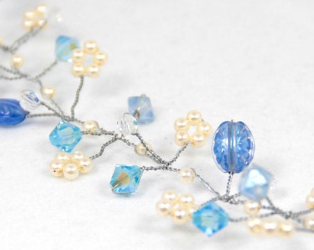 Bridal Hair Vine Something Blue with Iridescent Blue Crystals and Ivory Pearl Flowers