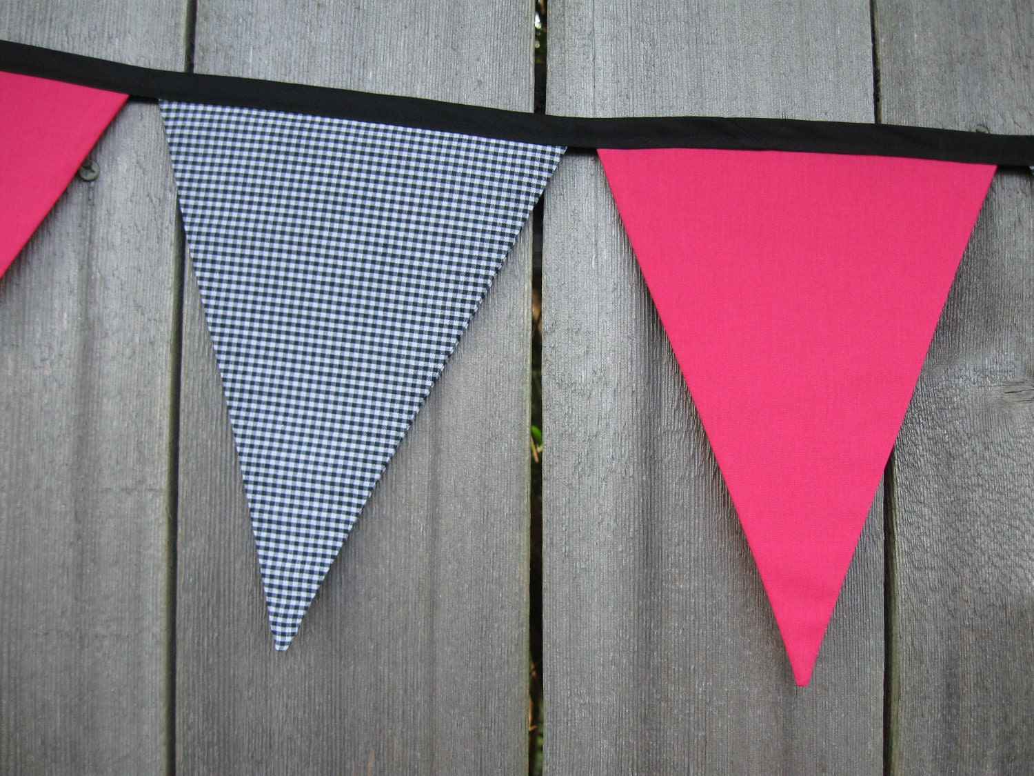 Clearance Sale - Birthday Fabric Bunting Banner - Room Decor - Black & White Gingham and Bright Pink - Reusable Decoration