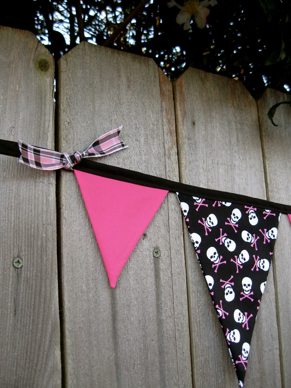 Girl Punk Fabric Bunting Banner - Party Decoration - Pink Skull & Crossbones - Black and White and Pink - Room Decor