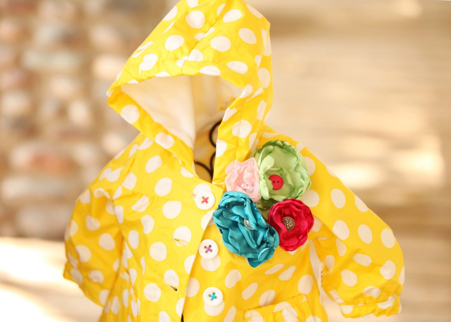 Yellow Polka Dot Infant Vinyl Coat with Fleece Lining and Beautiful Flower and Ric Rac Accents