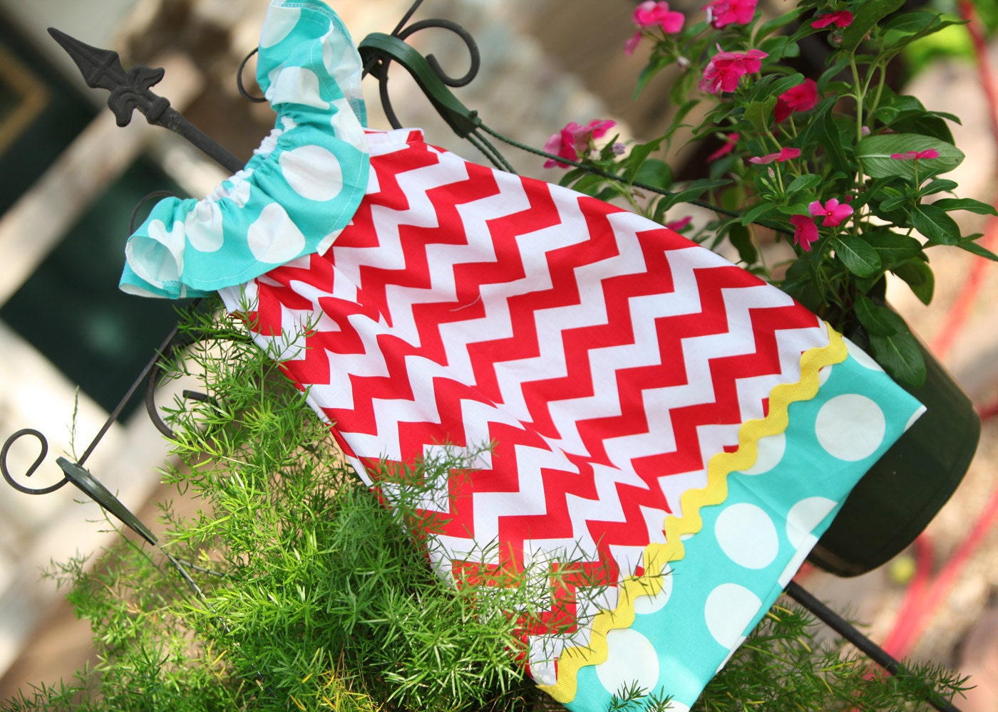 NOW Back in our SHOP Turquoise & Red Chevron Ruffle Dress with Yellow ric rac trim