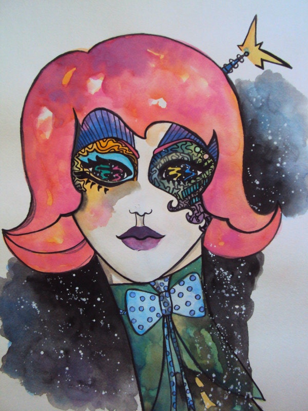 Psychedelic Galaxy Martian Girl Watercolor Painting