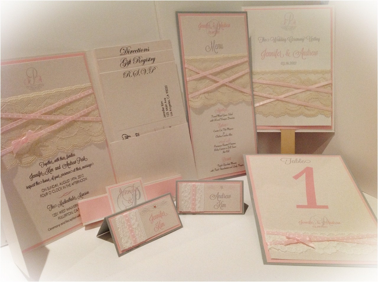 Vintage lace custom wedding Invitations, Programs, Place cards, Menus, and Table numbers Set 100x