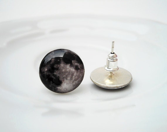 Full Moon Earrings, Glass Photo Small Ear Studs (E8)