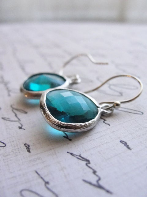 Silver and teal earrings on silver wires
