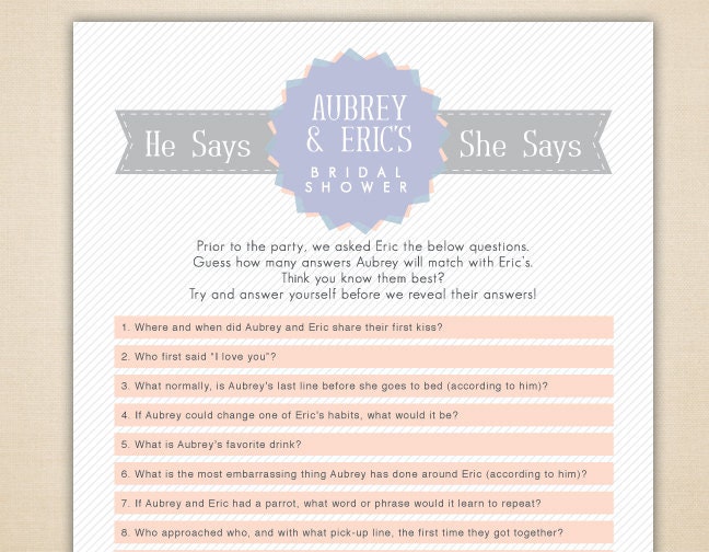 Items Similar To He Says She Says Printable And Personalized Bridal Shower Game On Etsy 