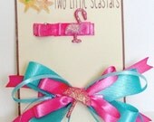 Pink and Teal Beach Umbrella Barrette & Pink Flamingo Alligator Hair Clip, Set of 2