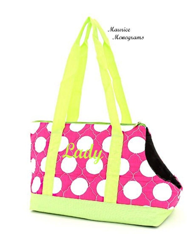 Personalized Pet Carrier Hot Pink and White Polka Dot with Lime Trim Tote