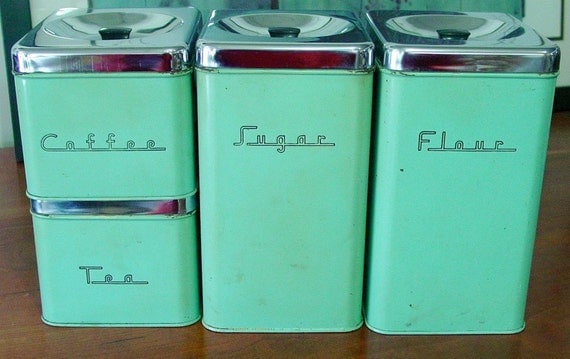 Retro Mid Century Canister Set 4 Pieces Green with Chrome Lids  1950s