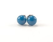 Surgical steel earring posts with small steel blue fused glass cabochon