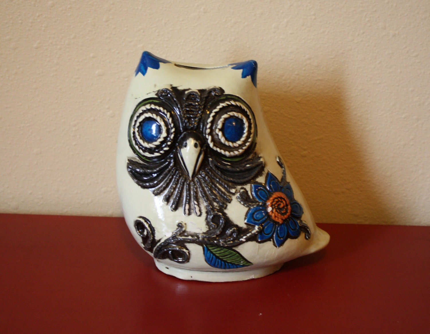 Hippie Chic Groovy Plastic Owl Coin Bank Dated 1968