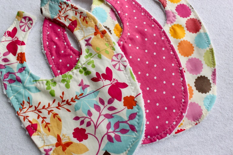 Baby Girl Bib Set of Three : on White Bubble Dot Minky / Baby Bib / Modern Bib / Newborn Gift /