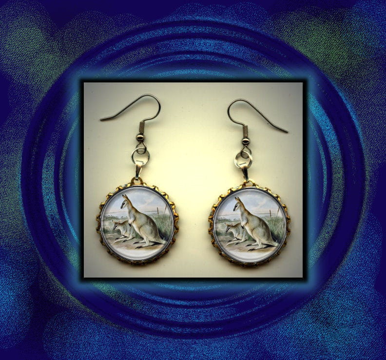 Toolache Wallaby with Joey Extinct Animal Art Brass Charm Earrings