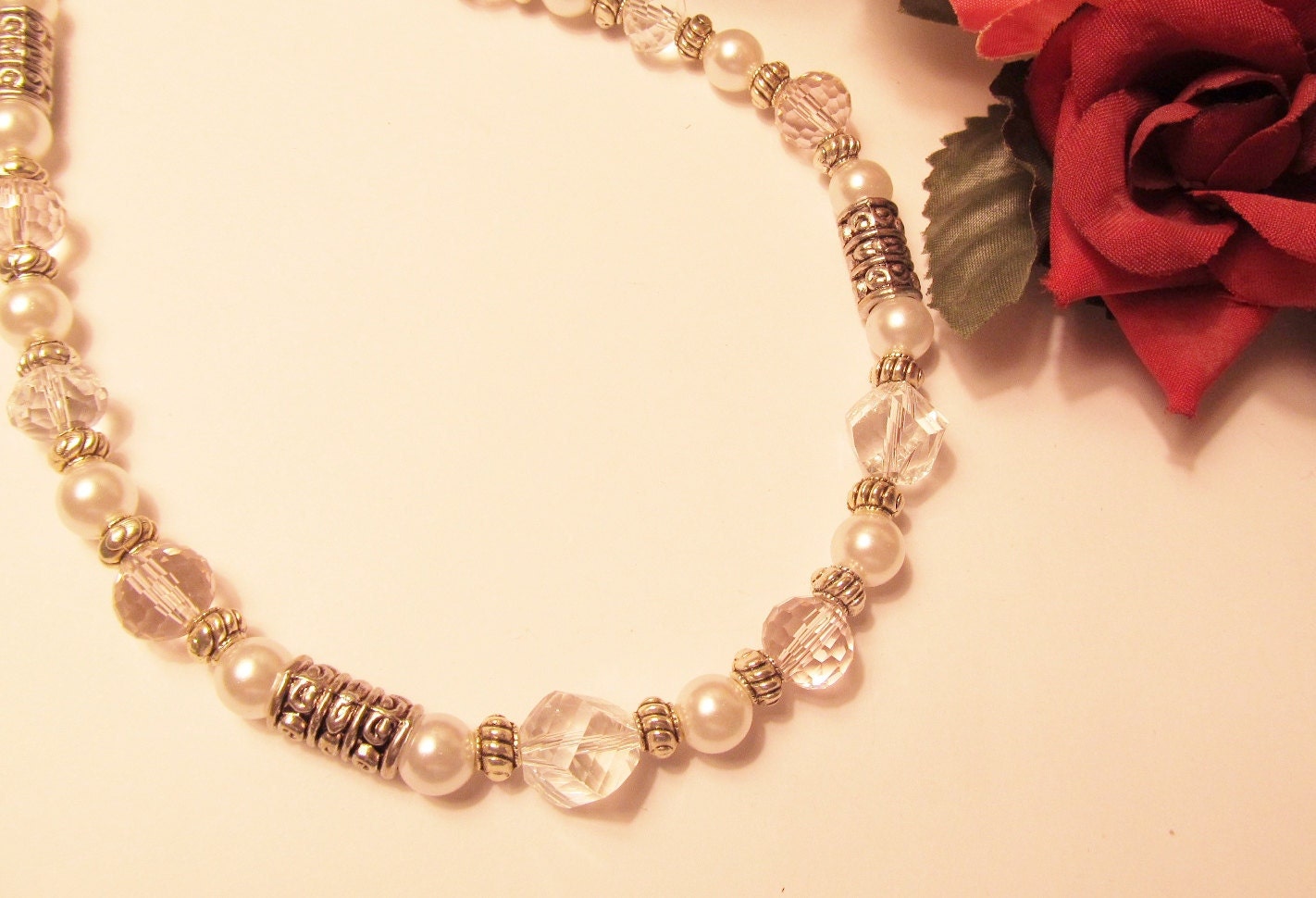 Faceted Clear and Pale Pink Crystals with White Pearls Necklace
