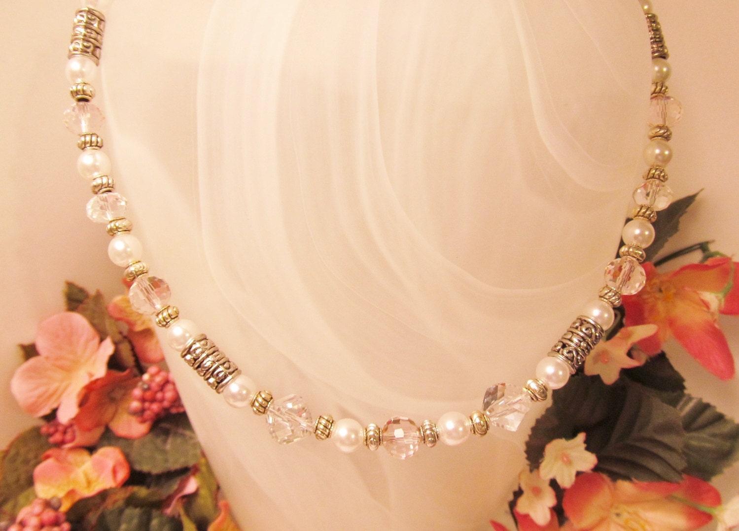 Faceted Clear and Pale Pink Crystals with White Pearls Necklace