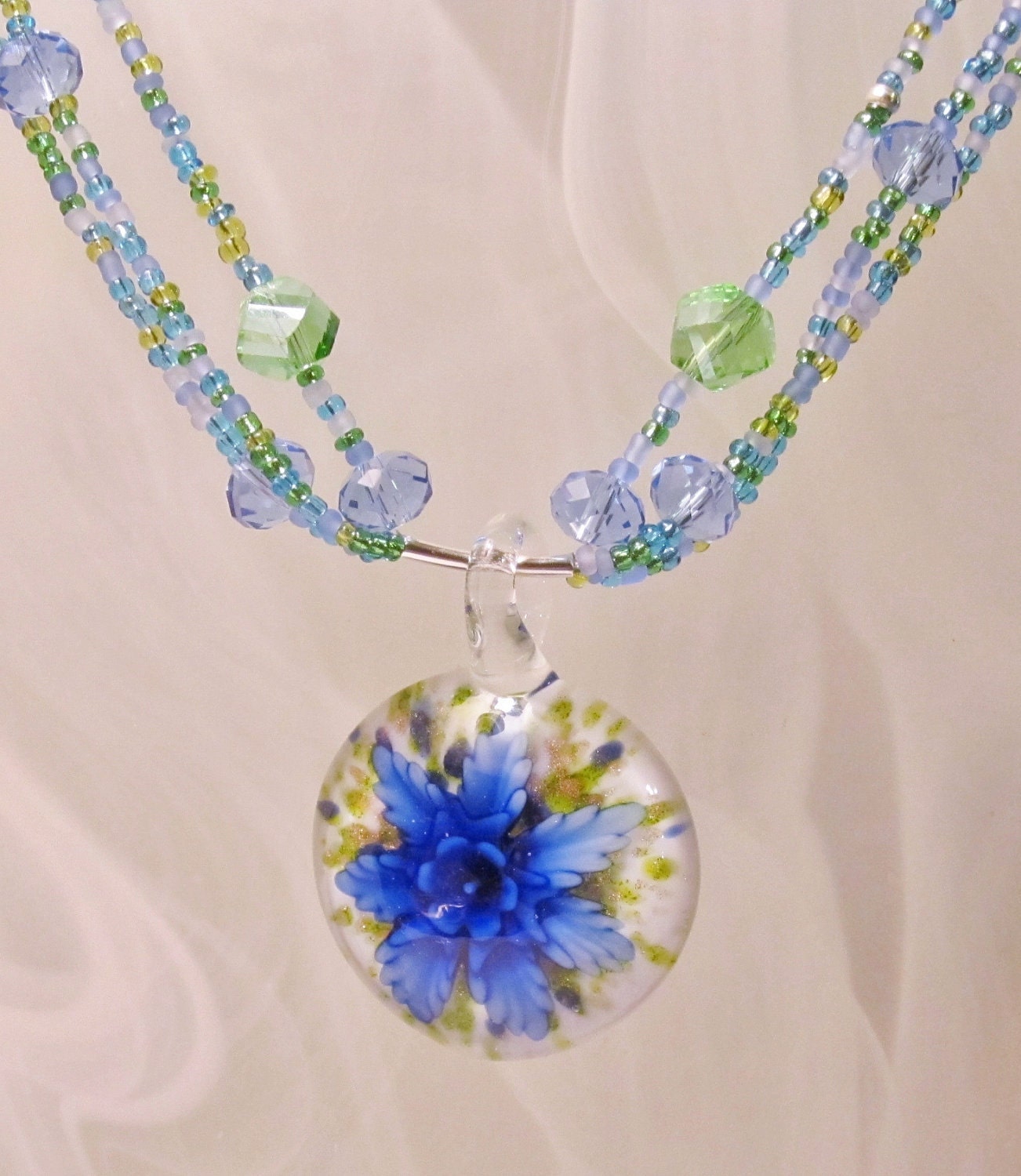 Memories of Summer Necklace II - Blue Glass Flower Pendant with Triple Strand Glass and Crystal Necklace
