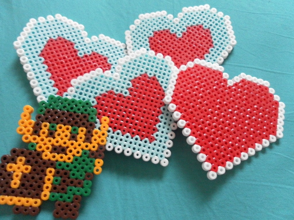 Zelda Nintendo heart container perler bead coasters PLUS Link magnet 8bit