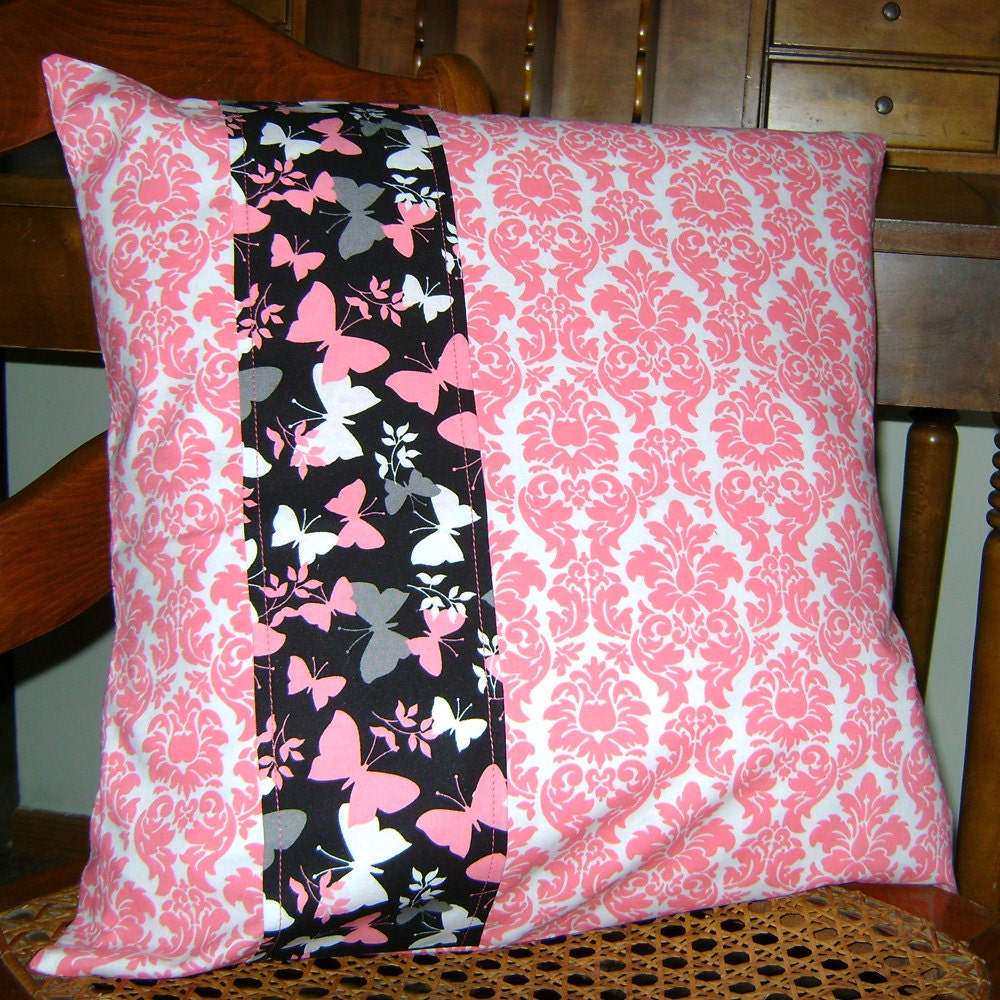 Pink Damask with Butterfly Accent 18 inch Pillow WITH FORM
