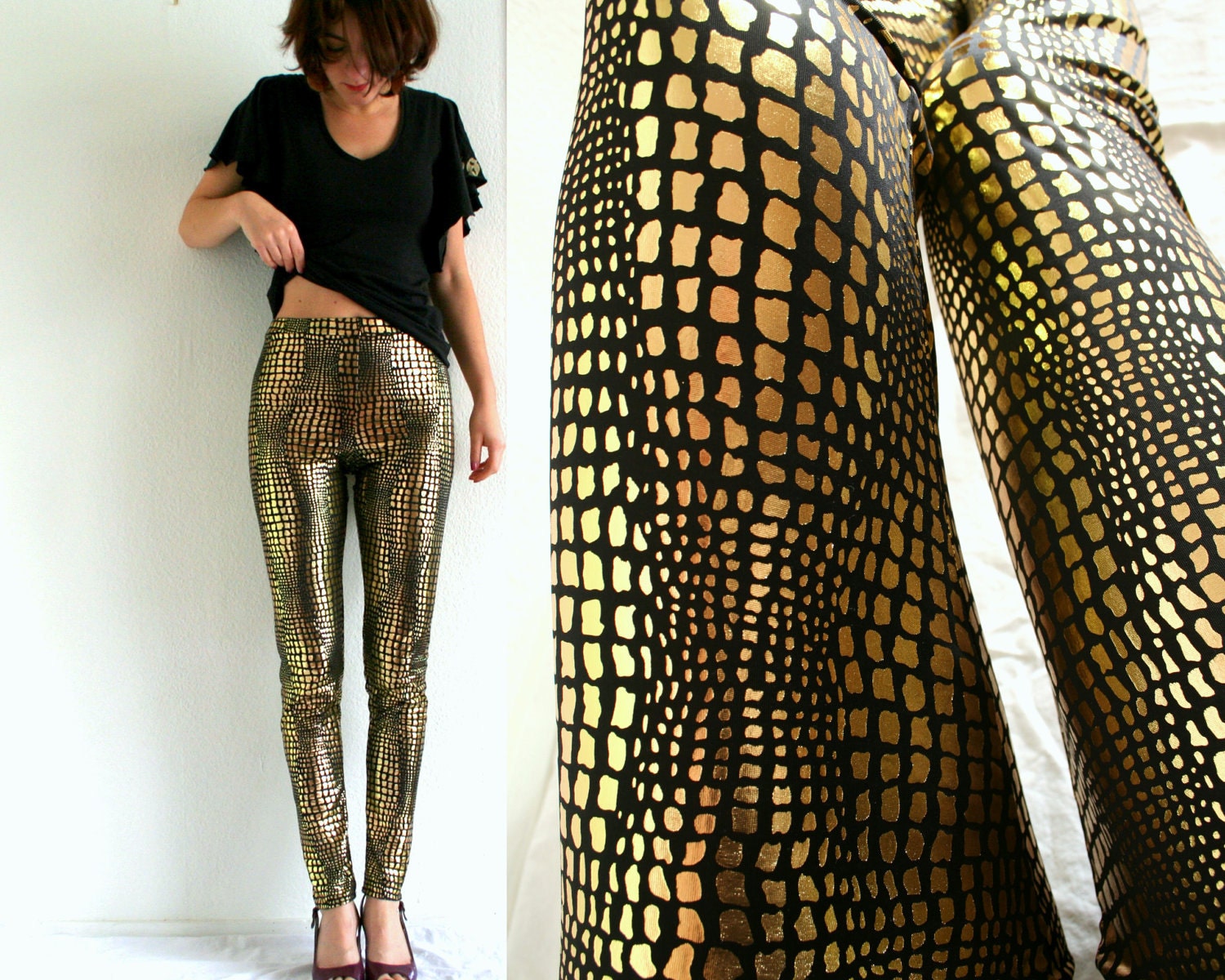 Metallic gold leggings, snake print, made to order xs s m l xl extra small medium large US 4 6 8 10 12 14 - Bartinki