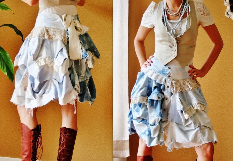 Boho gypsy skirt - denim and lace - unique piece - draped and funky - OOAK - size S/M/L - Us 6/8/10 - by Bartinki