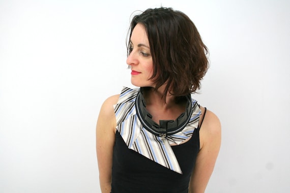 RESERVED Upcycled silk collar - zipper collar - unique piece - stripes and faux leather - one size