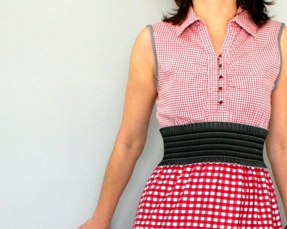 Checked cotton dress in red and white - vintage inspired women's dress - upcycled OOAK - size small/medium US 6/8