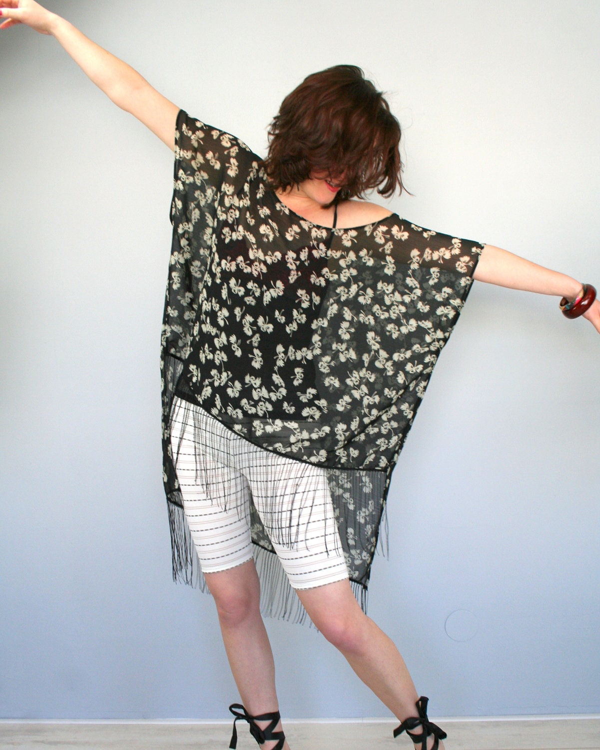 SALE Black fringe top, oversized chiffon party top with black and beige flower print, fits size small medium large - clearance