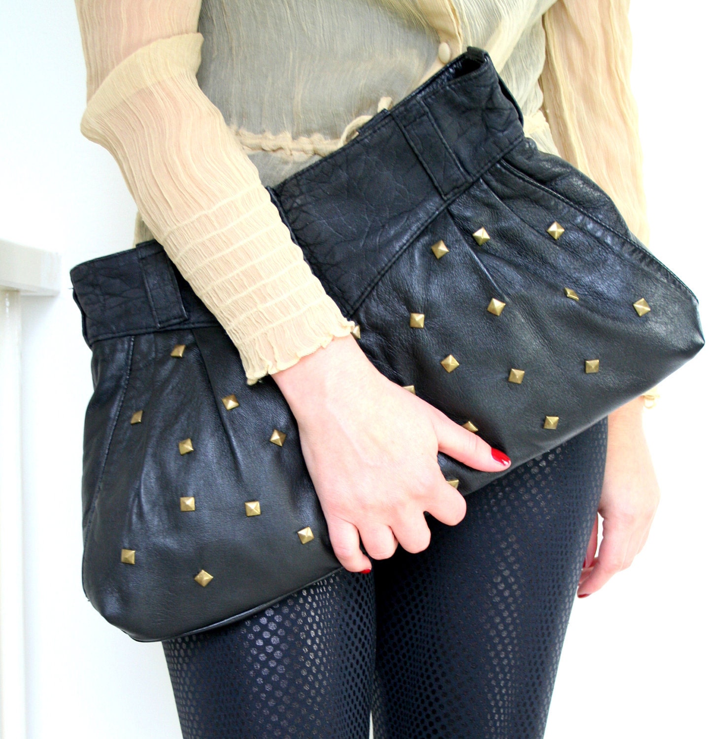 Oversized clutch - studded leather handbag - comes with detachable chain stripe - black leather bag