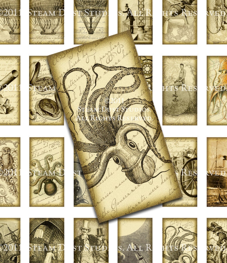 Hard-to-Find Victorian Steampunk Images - Kraken, Airships, etc. - 1x2 inch Domino Tiles - Digital Collage Sheet - Download and Print - steamduststudios