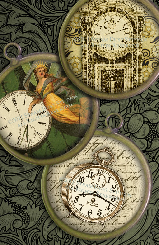 1 inch Cameo-Size Circles - Victorian Steampunk Clocks - Compasses - Keys - Digital Collage Sheet - Download & Print