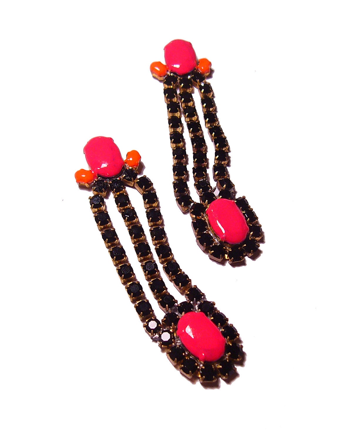One of a Kind Neon Hand Painted Vintage Rhinestone Earrings - Black Mamba III(Reserved)