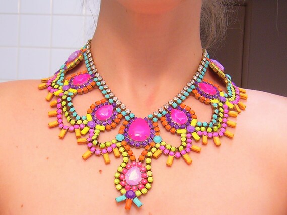 One of a Kind Pastel and Neon Handpainted Vintage Rhinestone Necklace (Example)