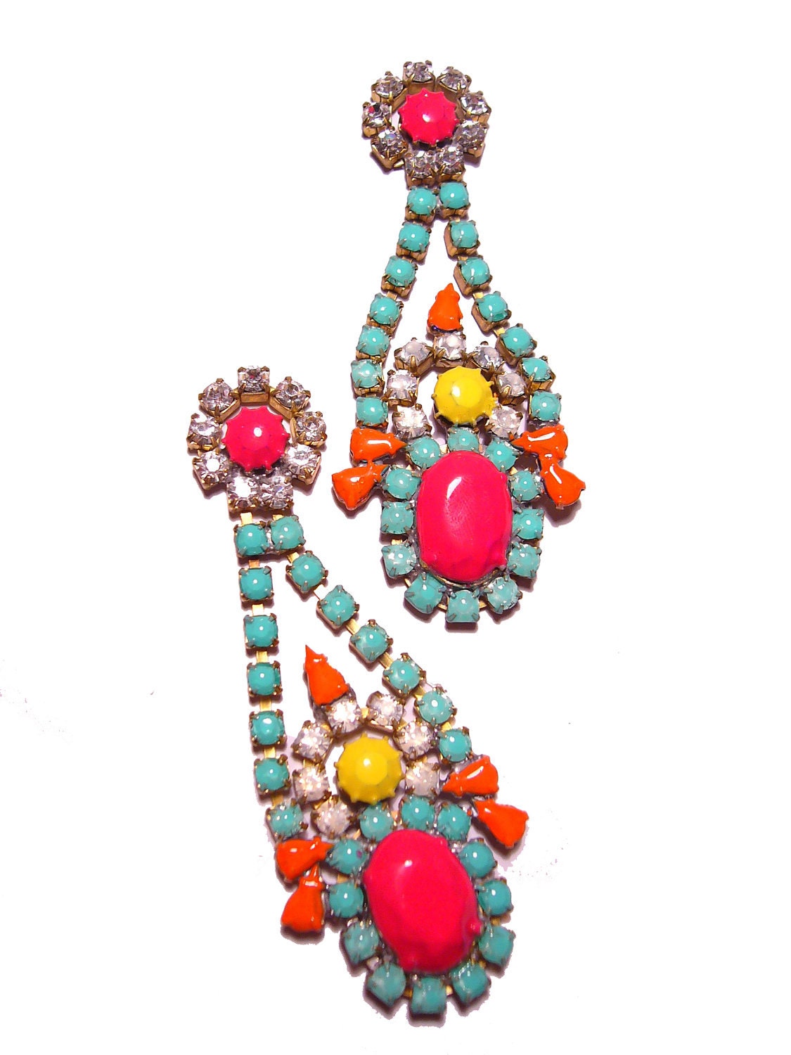 Long One of a Kind Neon Hand Painted Vintage Rhinestone Earrings - La Bohème V