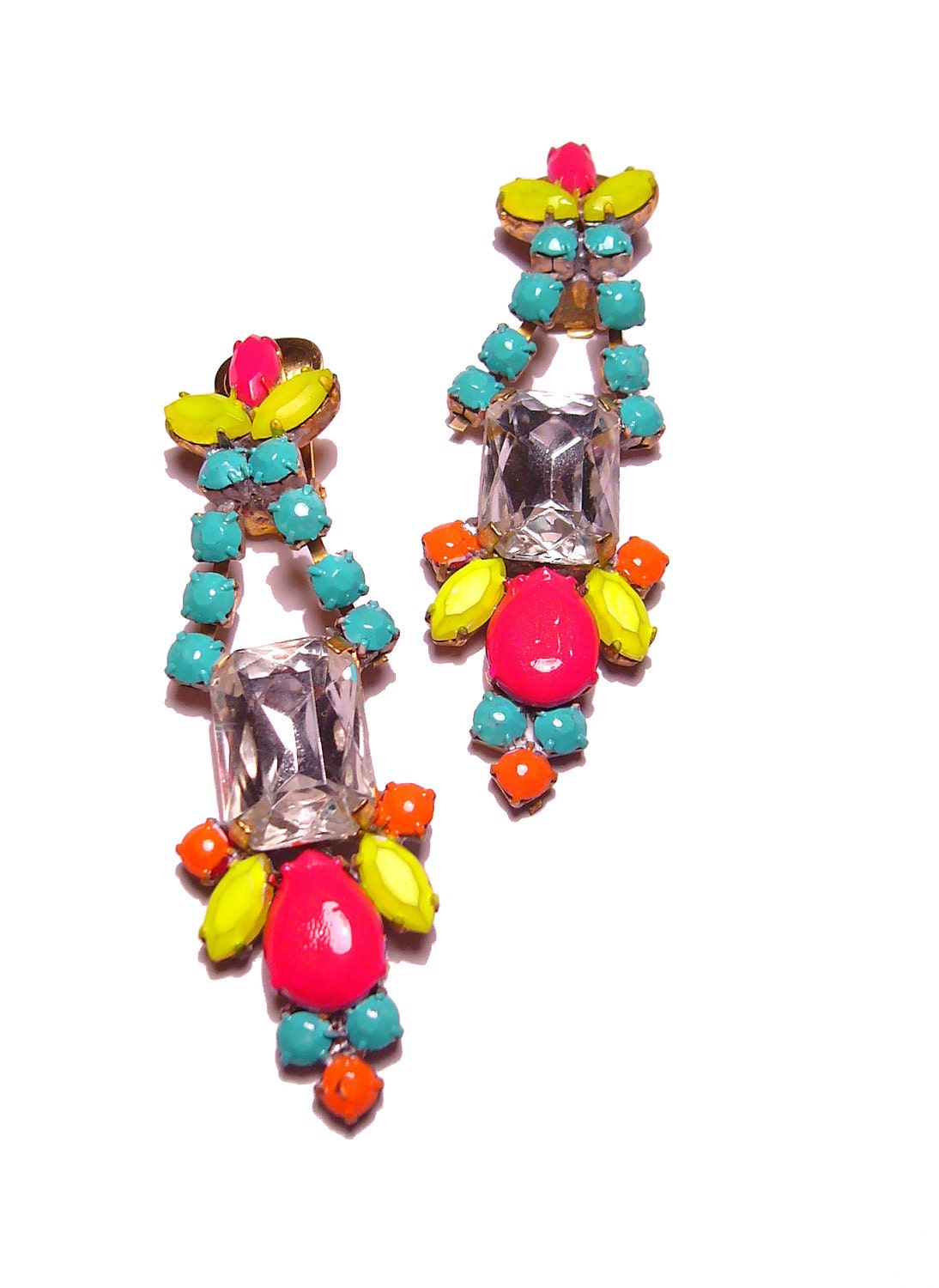 One of a Kind Neon Hand Painted Vintage Rhinestone Earrings - La Bohème