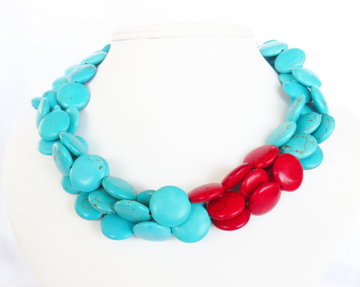 Turquoise Necklace - Asymmetrical Red and Turquoise Statement Necklace