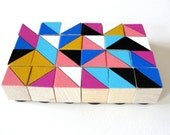24 Mini Art Block Magnets - Hand Painted Wood Blocks 3/4x3/4x3/4" in NYC Set (Cobalt, Hot Pink, Yellow) - Geometric, Triangles, Color Block