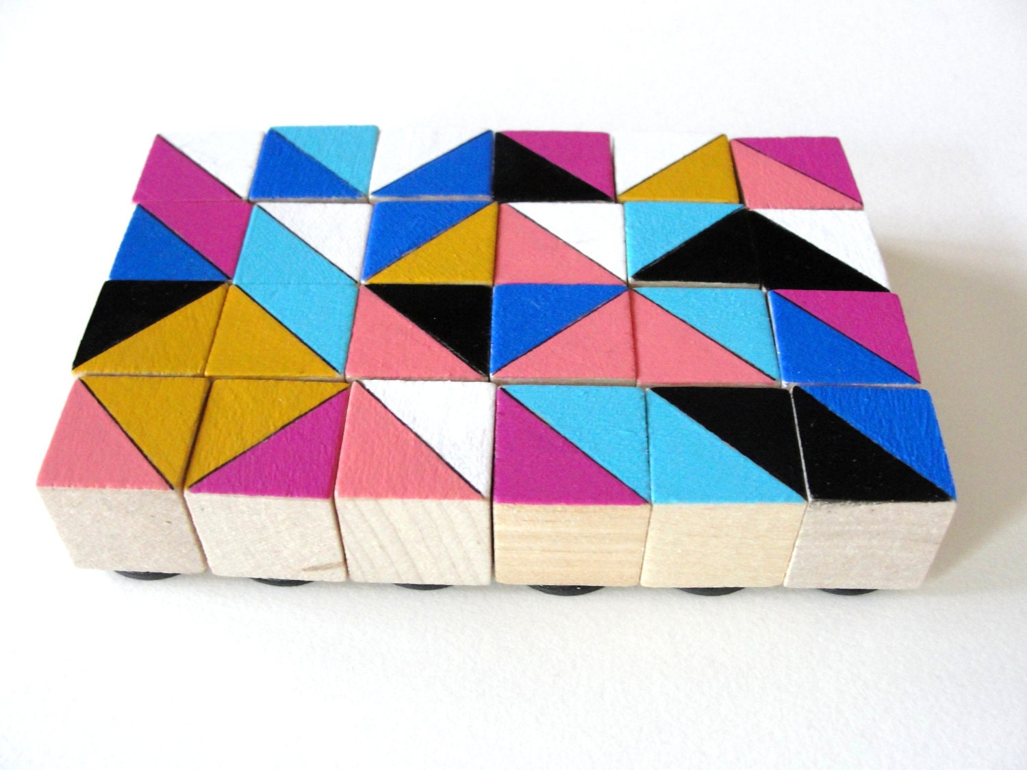 24 Mini Art Block Magnets - Hand Painted Wood Blocks 3/4x3/4x3/4" in NYC Set (Cobalt, Hot Pink, Yellow) - Geometric, Triangles, Color Block