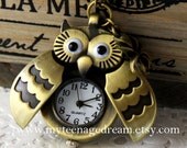 antique brass owl locket pocket watch necklace,  with a cute spider