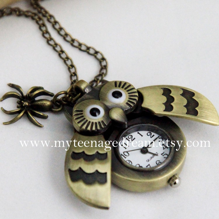 antique brass owl locket pocket watch necklace,  with a cute spider