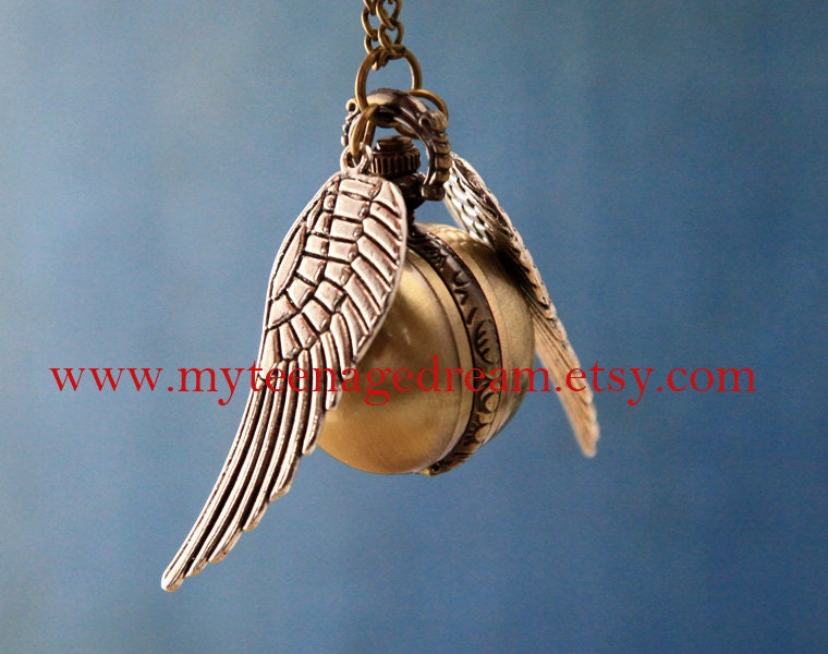 Harry potter Enchanted Golden Snitch ball locket Ball necklace, locket pocket WATCH with Double Sided Silver Wings
