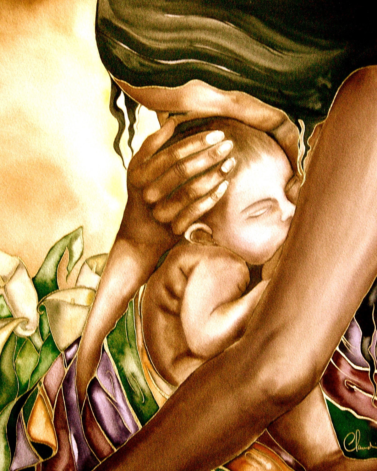 print of mother and son embracing