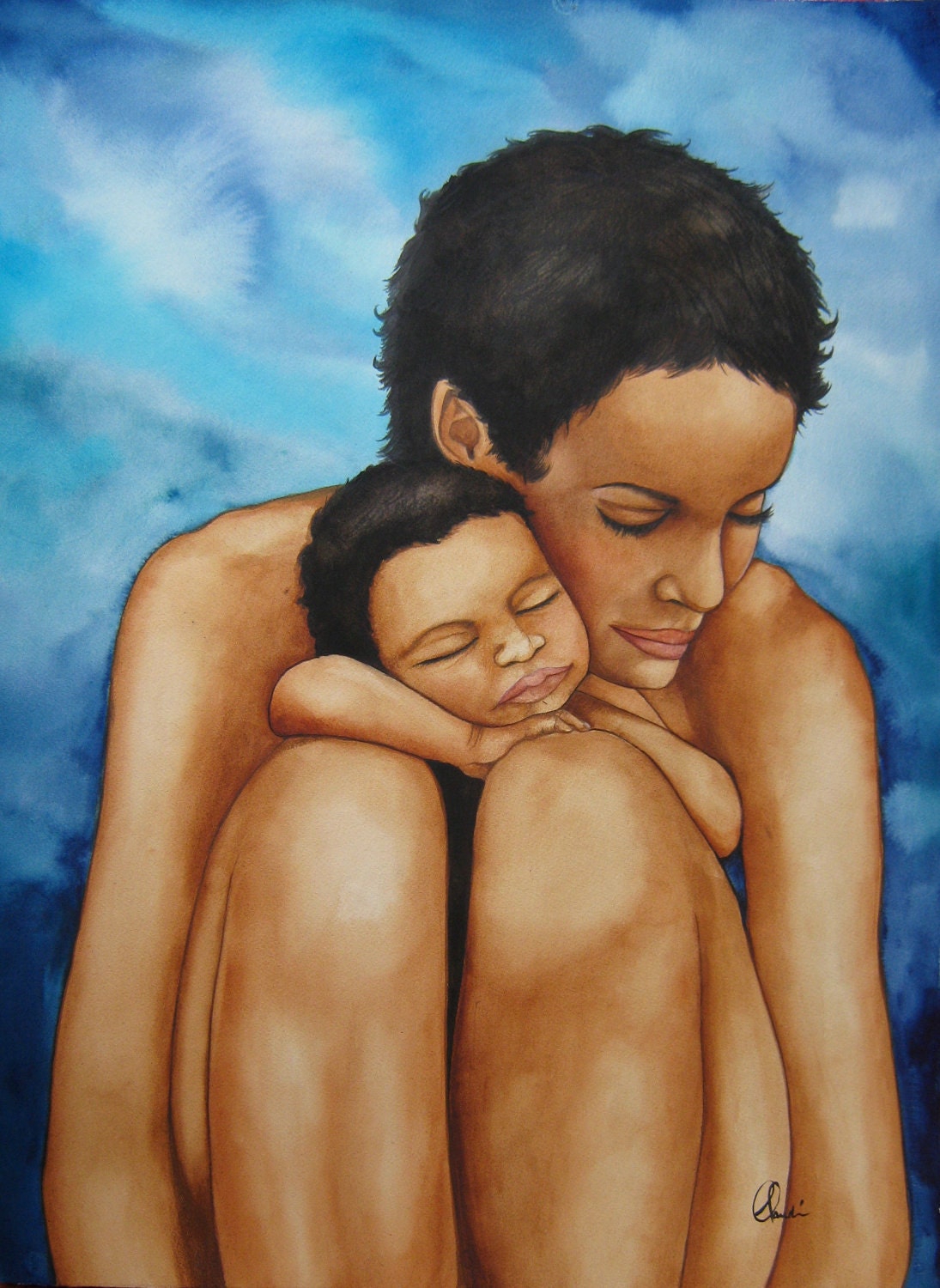 mother and child  art print water color