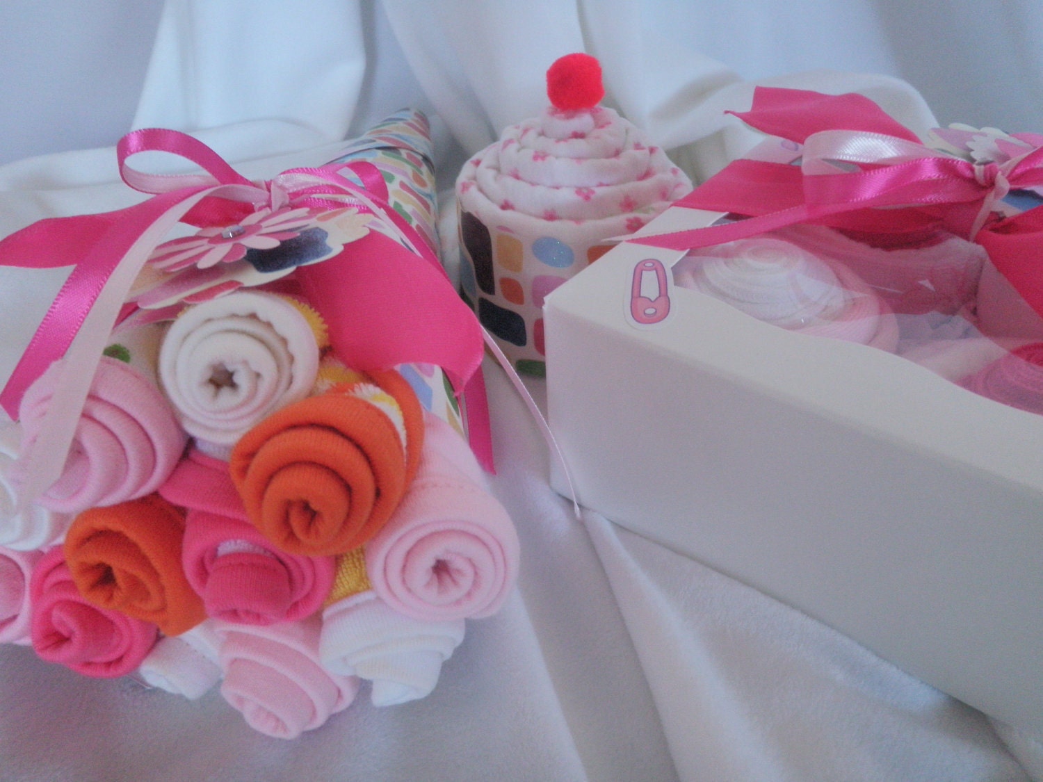 Baby Girl Sweet Trio Gift Set            Onesie/Diaper Cupcakes, Washcloth Bouquet and Blanket Cupcake