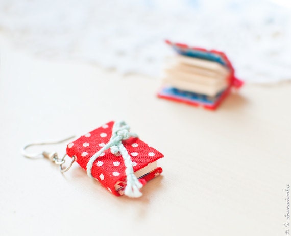 Tiny red polka dot book earrings - handmade jewelry