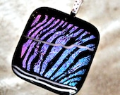 Zebra Fused  glass  Dichroic Blue Purple on black pendant. One of a Kind.  Signed. - Untwistedsister